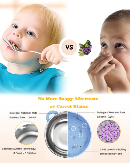 Baby Suction Bowls with Lids 4-Pack, 2-in-1 Stainless Steel 304 Toddler Bowl & Removable Silicone