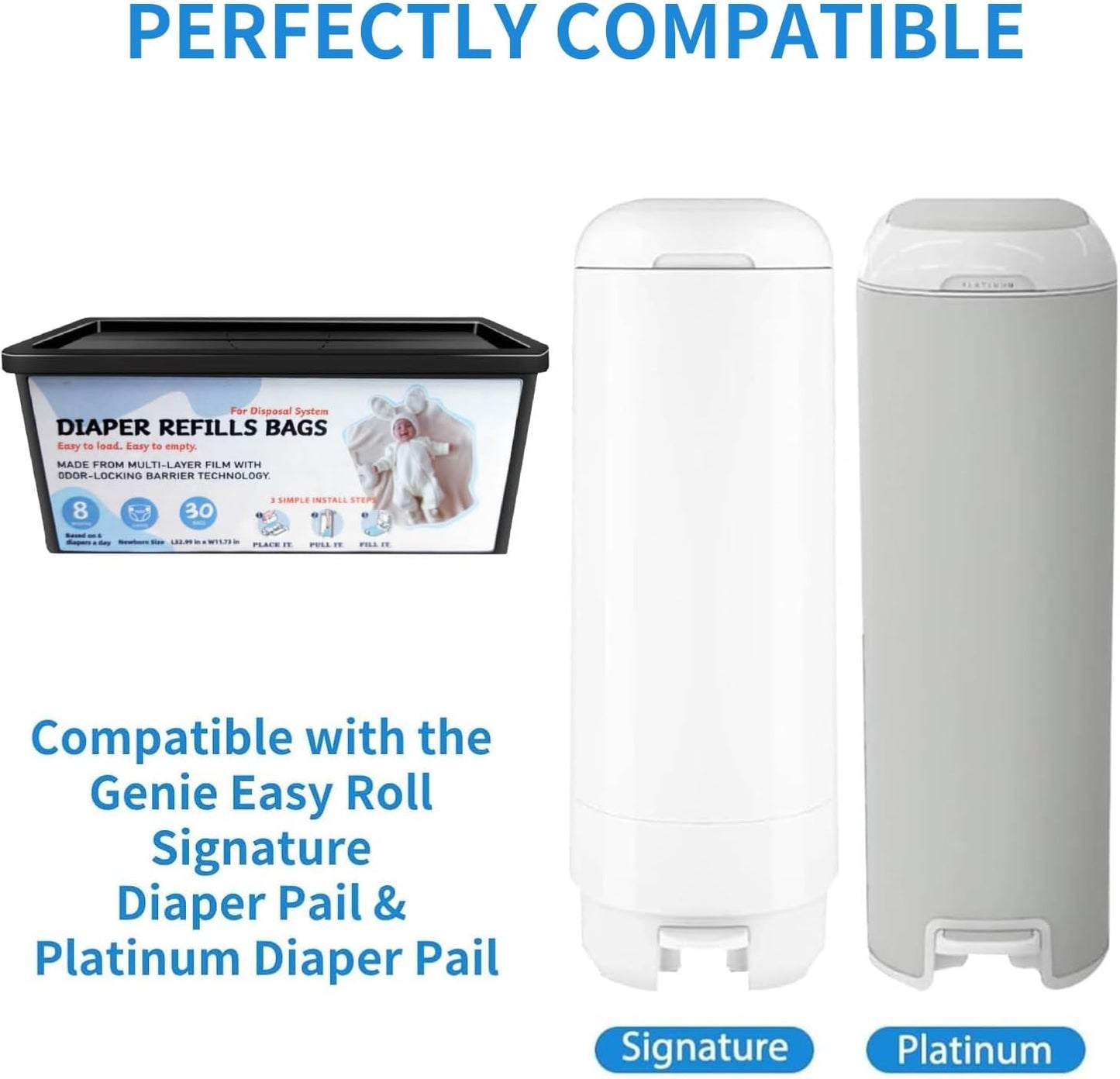 Diaper Pail Refills Bags with 30 Bags, Compatible with Genie Easy Roll Signature Diaper Pail and