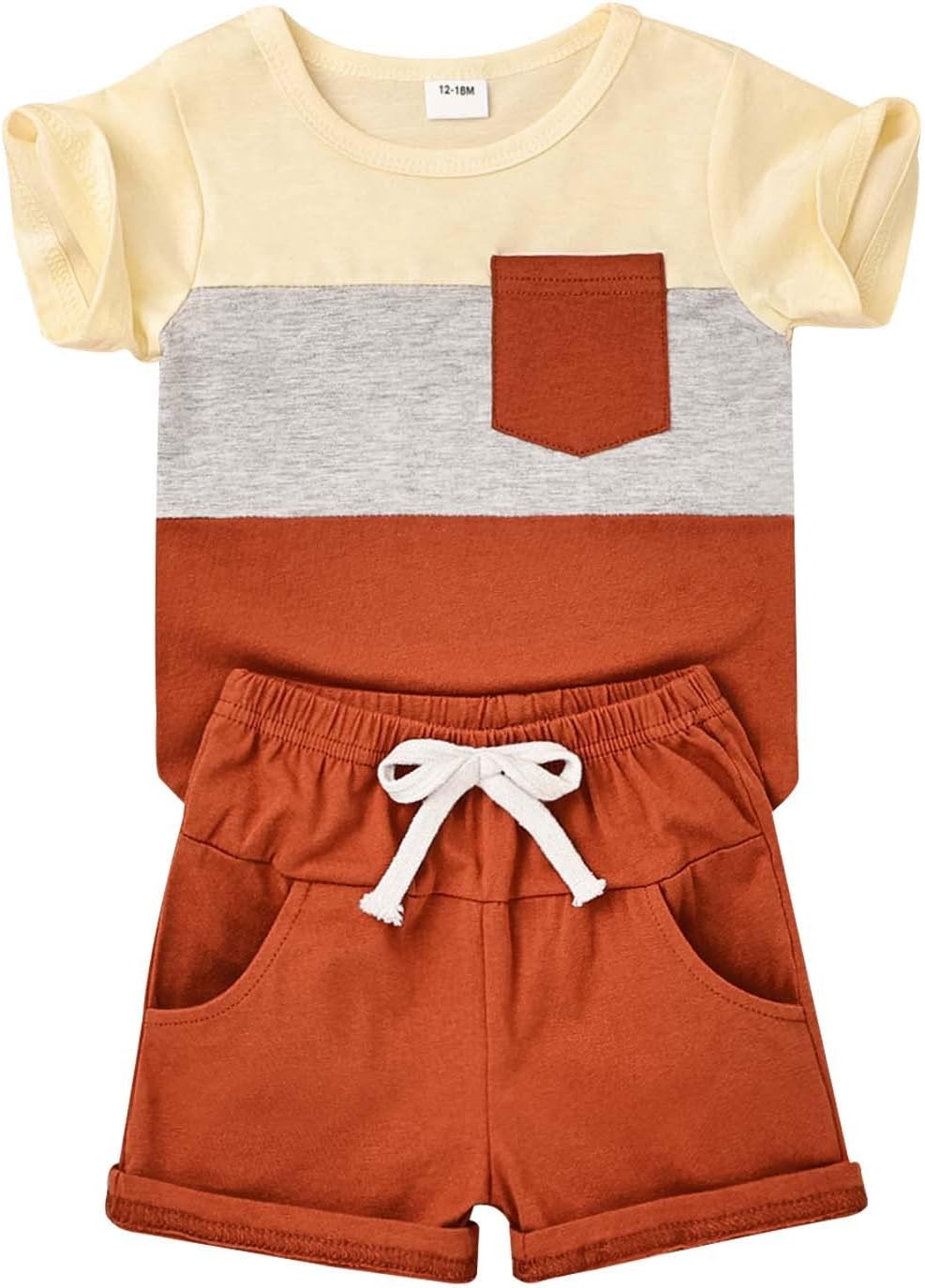 Baby Boy Clothes Toddler Boy Summer Outfits Short Sleeve Patchwork Top T-shirt & Pocket Pant Set 2