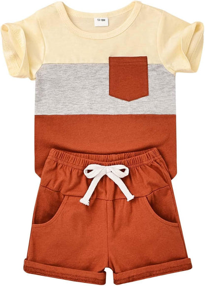 Baby Boy Clothes Toddler Boy Summer Outfits Short Sleeve Patchwork Top T-shirt & Pocket Pant Set 2