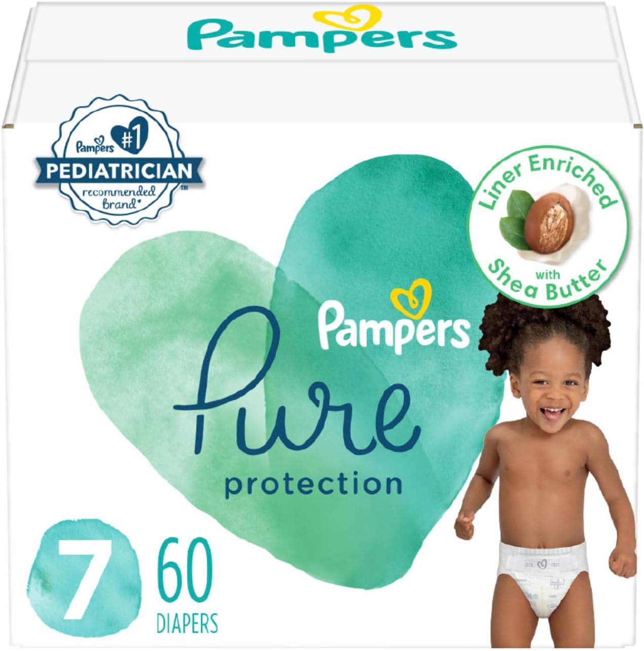 Pampers Baby Diapers - Pure Protection - Size 7, 60 Count, for up to 100% Leakproof, Premium