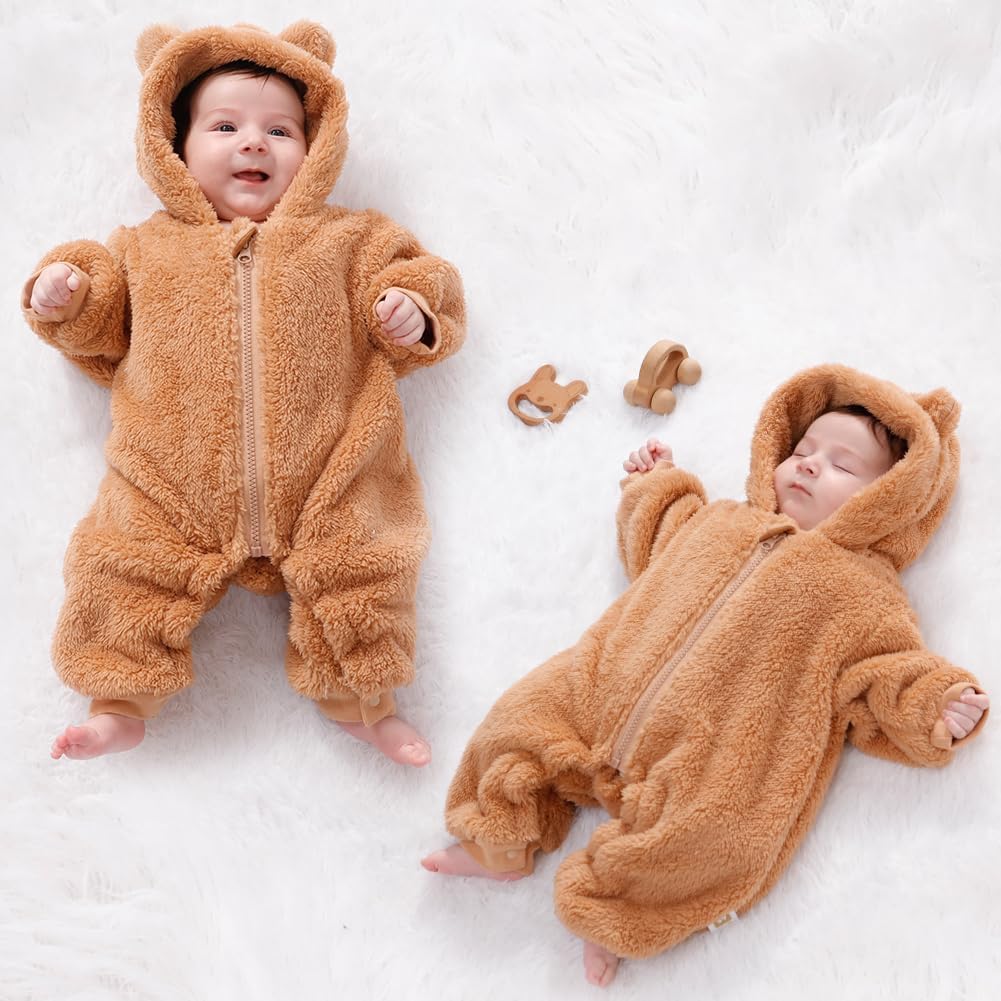UVIPC Baby Newborn Bear Outfit Fleece Snowsuit Winter Clothes Hooded Jumpsuit Romper for Baby boy
