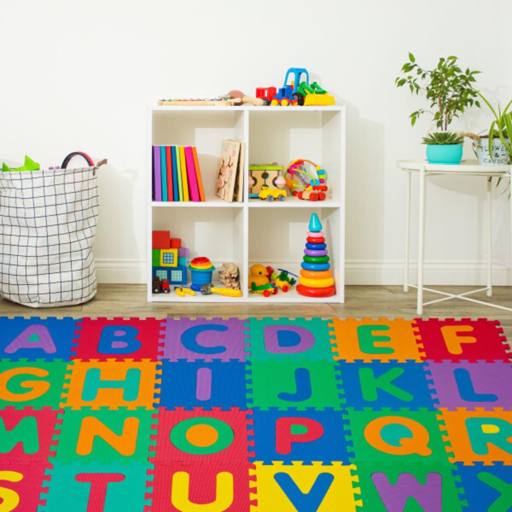 Interlocking Foam Tile Play Mat with Letters - Non-Toxic Children's Multicolor 26-Piece Puzzle