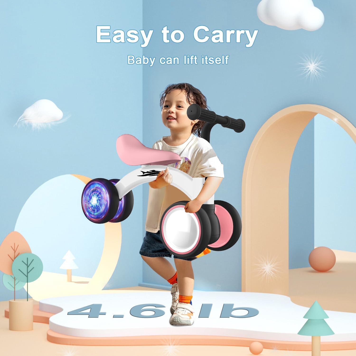 Colorful Lighting Baby Balance Bike Toys for 1 Year Old Girl Gifts, 10-36 Month Toddler Balance