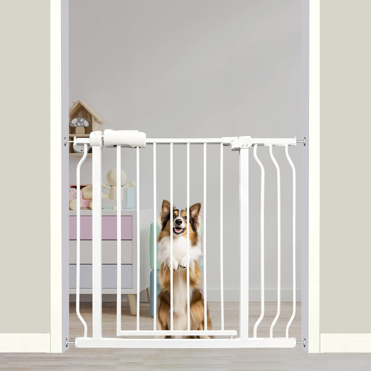 Auto Close Baby & Dog Gate 34-38.5 Inch, Tension Safety Gate Indoor, White Metal, Walk-Through