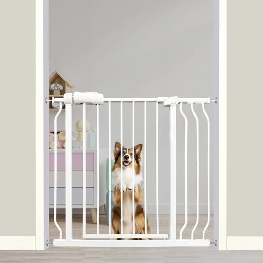 Auto Close Baby & Dog Gate 34-38.5 Inch, Tension Safety Gate Indoor, White Metal, Walk-Through