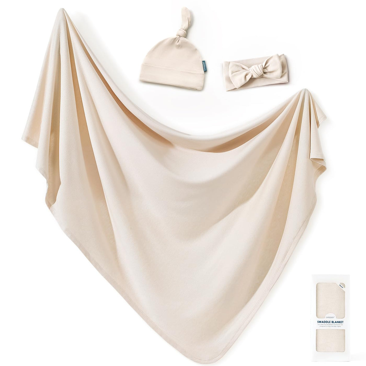 GRSSDER Newborn Swaddle Blanket, Ultra Soft Jersey Receiving Blanket with Matching Headband and