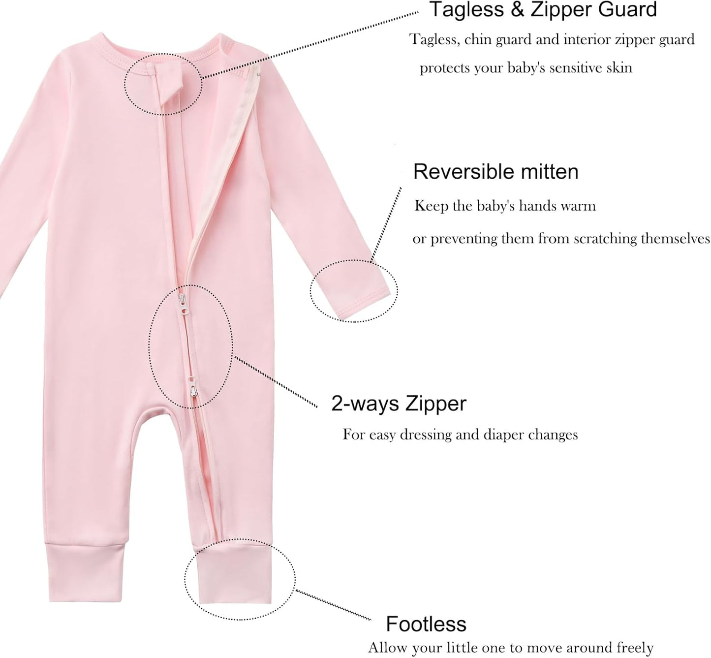 Aablexema 3-Pack Organic Cotton Baby Footless Pajamas with Mitten Cuffs, 2-Way Zipper Romper