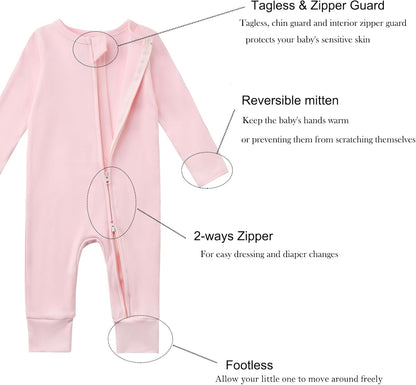 Aablexema 3-Pack Organic Cotton Baby Footless Pajamas with Mitten Cuffs, 2-Way Zipper Romper