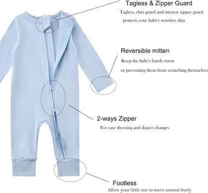 Aablexema 3-Pack Organic Cotton Baby Footless Pajamas with Mitten Cuffs, 2-Way Zipper Romper