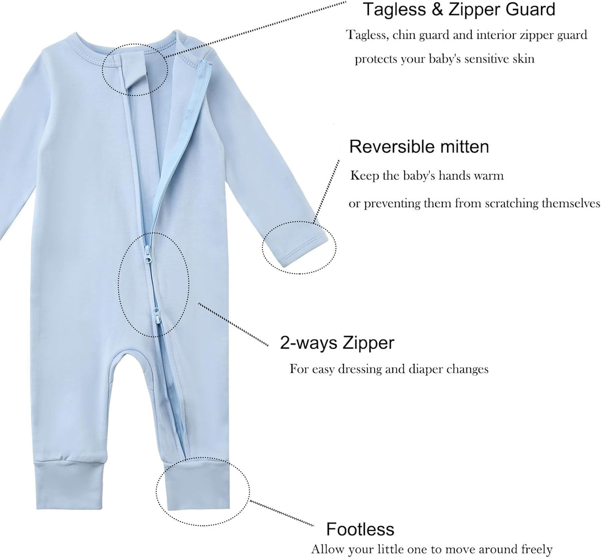 Aablexema 3-Pack Organic Cotton Baby Footless Pajamas with Mitten Cuffs, 2-Way Zipper Romper