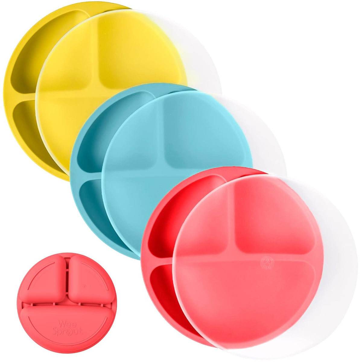 WeeSprout Silicone Plates with Lids for Babies & Toddlers (3 Pack) 100% Food-Grade Dishes for Self