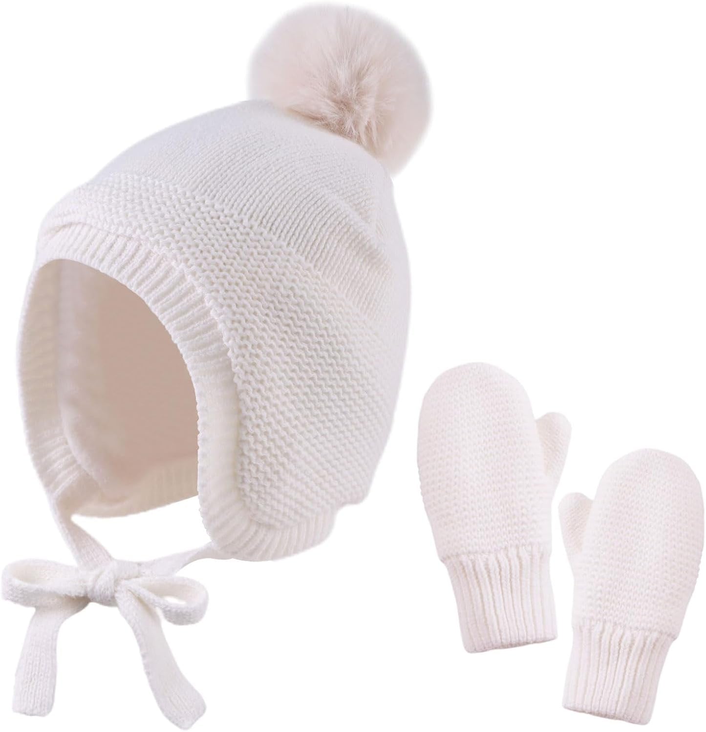 Basic Winter Baby Beanie Gloves Boys Girls Knitted Hat Pompom Kids Earflap Hats Warm Infant Toddler