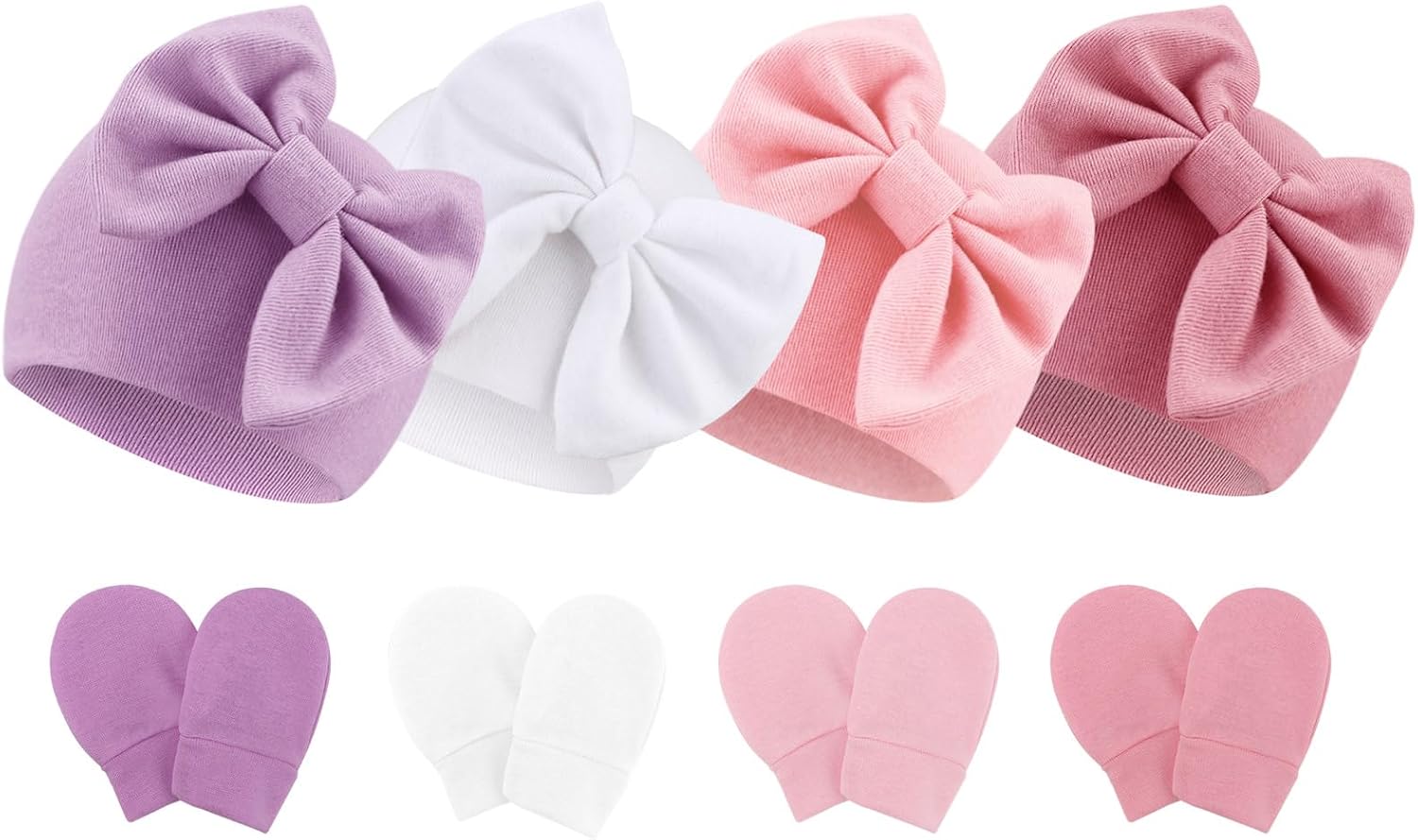 BQUBO Newborn Baby Hats Mittens Set Hospital Hat Beanie Infant Bow Hats Baby Gloves No Scratch