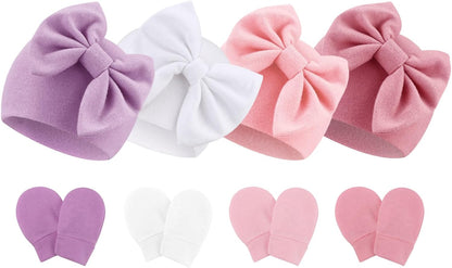 BQUBO Newborn Baby Hats Mittens Set Hospital Hat Beanie Infant Bow Hats Baby Gloves No Scratch