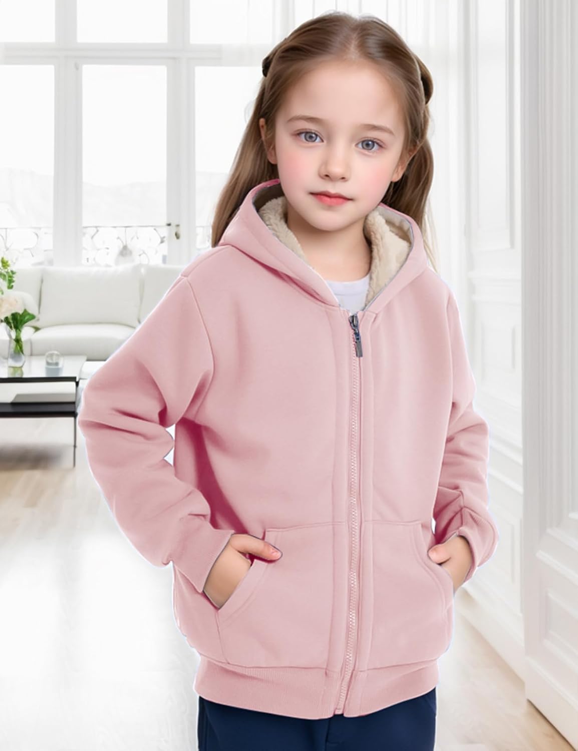 Gihuo Unisex Boy's Girls Winter Warm Sherpa Lined Zip Up Sweatshirt Fleece Jacket Kid's Hoodie
