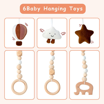 Razee Wooden Baby Play Gym Play Mat, Foldable Baby Gym with 6 Hanging Sensory Toys for Newborn