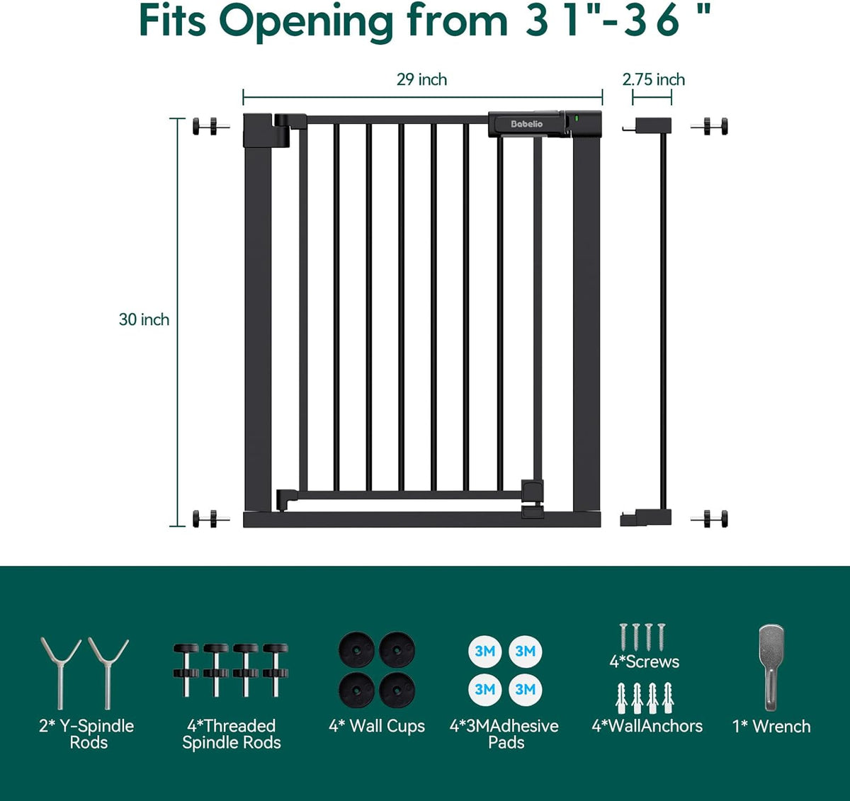 BABELIO Baby Gate for Doorways and Stairs, 31-36" Pet Gate with Wide Walk Thru Door and Lock