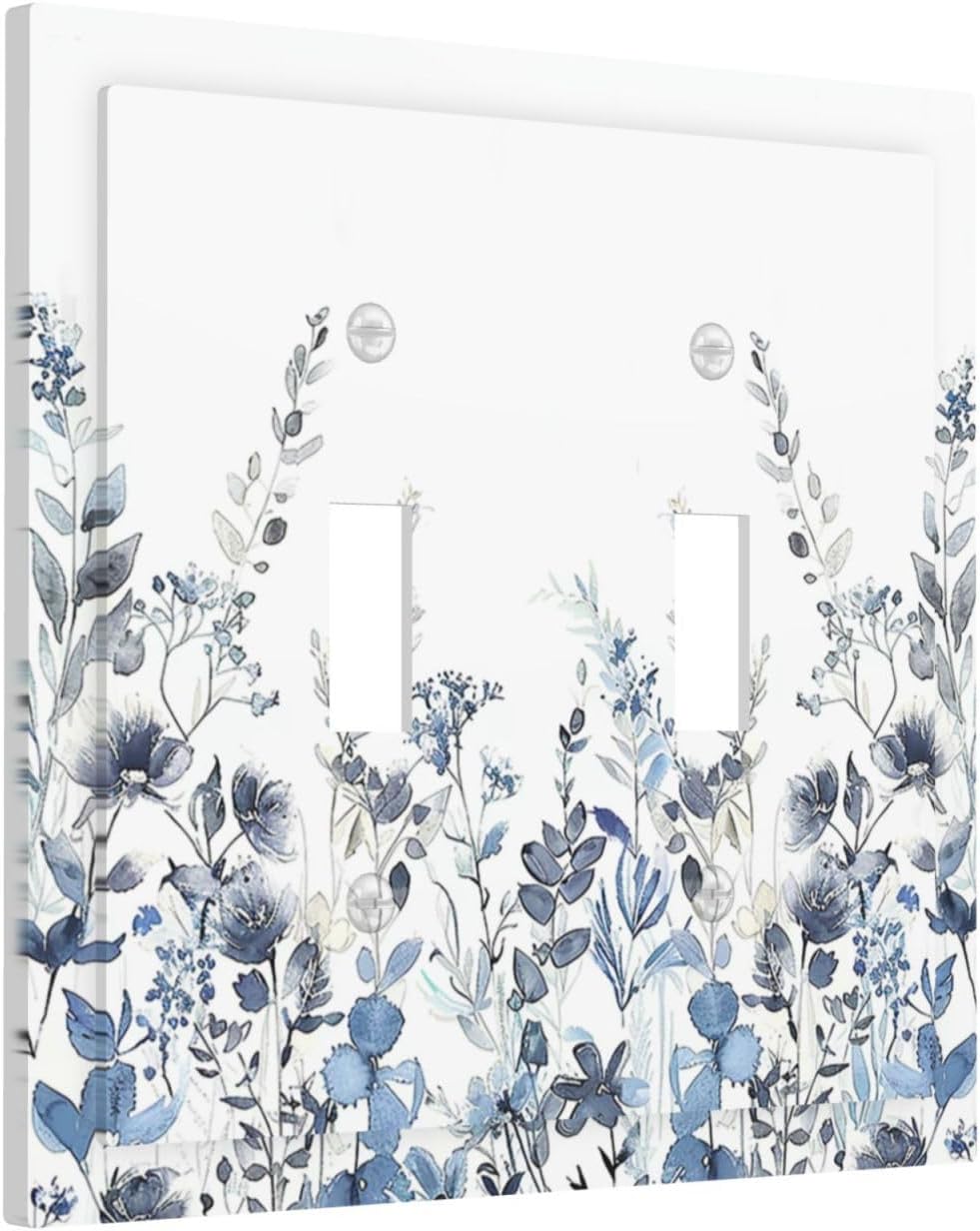 Decorative Switch Plates Light Blue Watercolor Leaves Plant With Floral 2 Gang Double Toggle Outlet