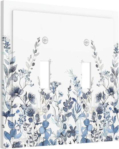 Decorative Switch Plates Light Blue Watercolor Leaves Plant With Floral 2 Gang Double Toggle Outlet