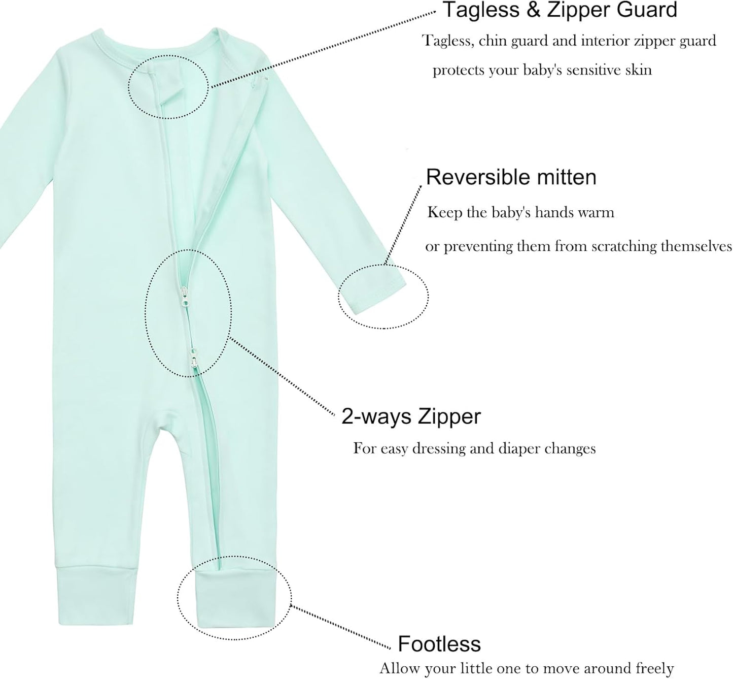 Aablexema 3-Pack Organic Cotton Baby Footless Pajamas with Mitten Cuffs, 2-Way Zipper Romper