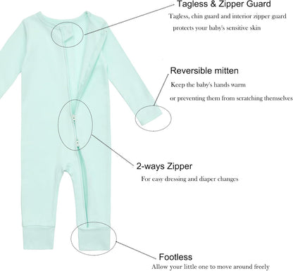 Aablexema 3-Pack Organic Cotton Baby Footless Pajamas with Mitten Cuffs, 2-Way Zipper Romper