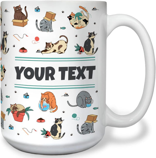 Personalized Mug for Kids - Cats - Custom Name/Text, Ceramic Hot Chocolate/Cocoa/Coffee Cup for