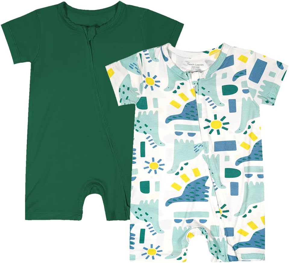 Teach Leanbh Baby Boys Girls 2 Pack Bamboo Viscose Pajamas 2 Way Zipper Short Sleeve Romper