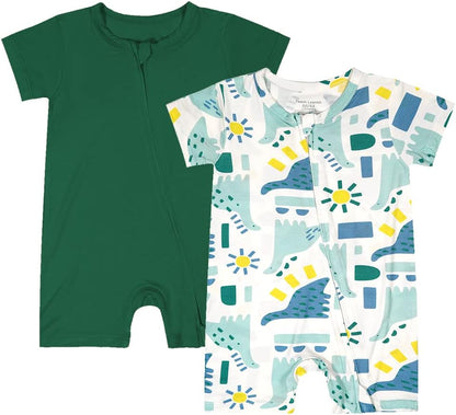 Teach Leanbh Baby Boys Girls 2 Pack Bamboo Viscose Pajamas 2 Way Zipper Short Sleeve Romper