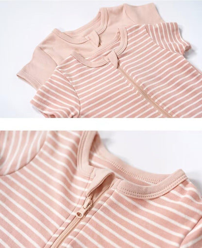 Teach Leanbh Unisex Baby 2 Pack Pajamas Cotton Short Sleeve 2 Way Zipper Stripe Soild Romper