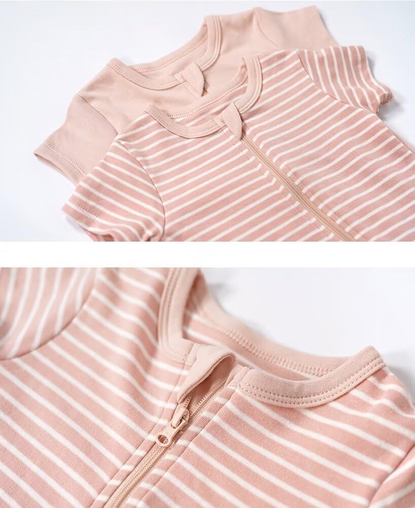 Teach Leanbh Unisex Baby 2 Pack Pajamas Cotton Short Sleeve 2 Way Zipper Stripe Soild Romper