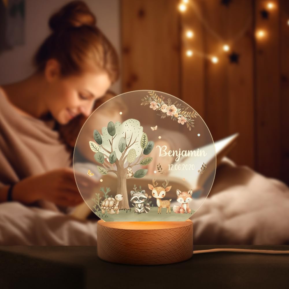 callie Acrylic Night Light Name Plate Personalized, Custom Cute Fox Deer Turtle Forest Animal with