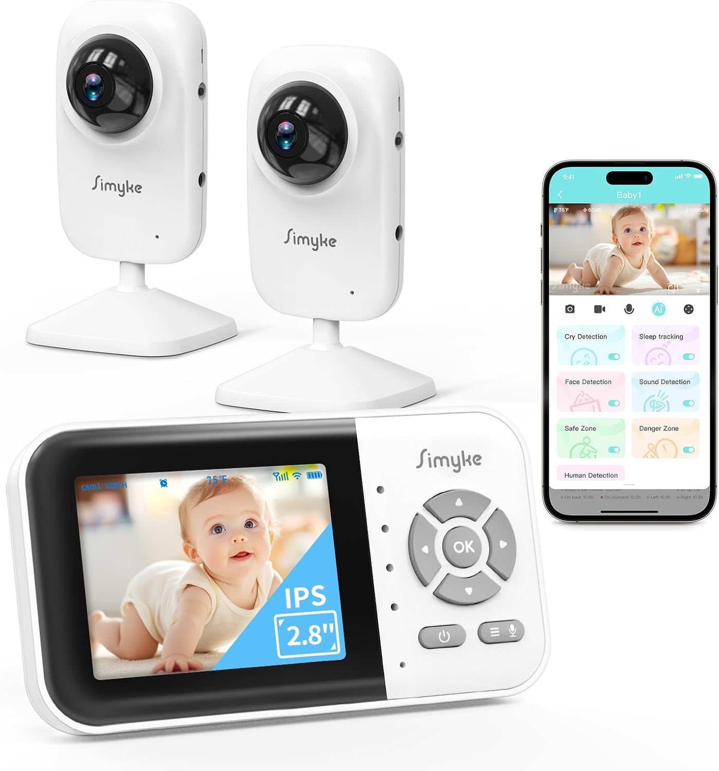 2Cameras Video Baby Monitor,Two Mode,2.8'' IPS Display Screen,Night Vision,2-Way Talk,1200ft Long