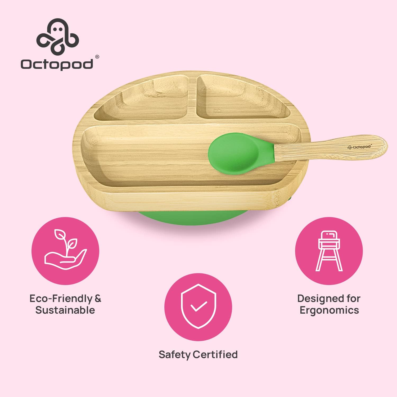 Abiie Octopod Bamboo Dish - Kids Plates for 4 months and up, 3-Compartment Baby Plates with
