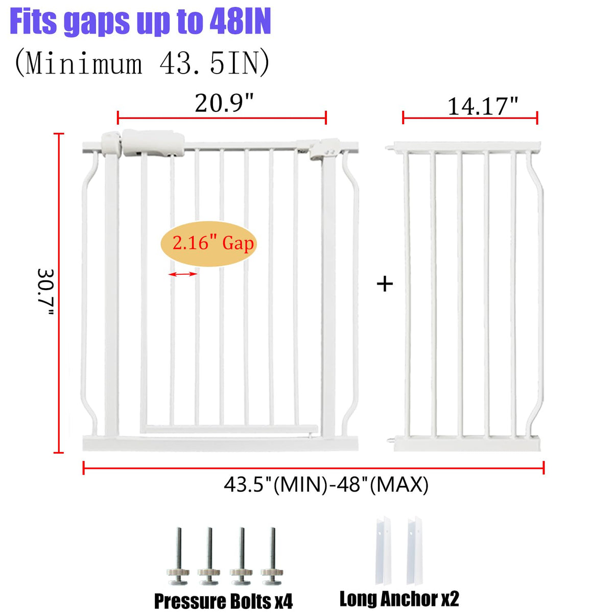 Extra Wide Baby Gate 43.5-48 Inch, Pressure Mounted No Drilling, Heavy Duty Metal for Stairs &