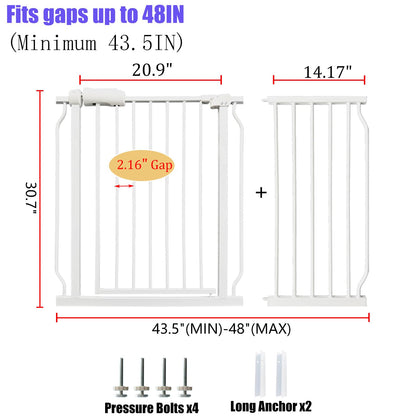 Extra Wide Baby Gate 43.5-48 Inch, Pressure Mounted No Drilling, Heavy Duty Metal for Stairs &