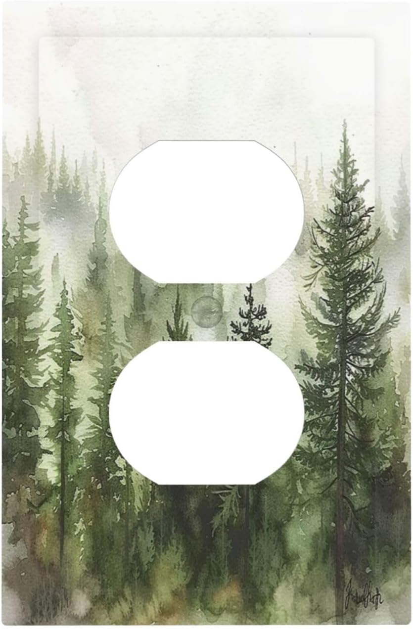 Outlet Covers Green Forest Watercolor Painting Foggy Pine 1 Gang Duplex Wall Plate Decorative