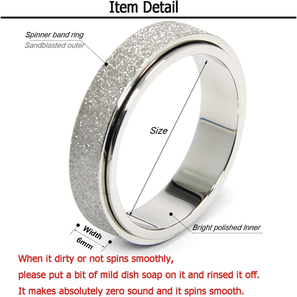 Anxiety Ring for Women Men, Titanium Stainless Steel Spinner Ring, 5 Colors, 6MM, Size 6-10, 3