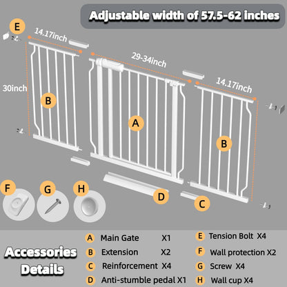 57.5"-62" Extra Wide Auto Closing Baby Safety Gate for Stairs & Doorways, Pressure Mounted No Drill