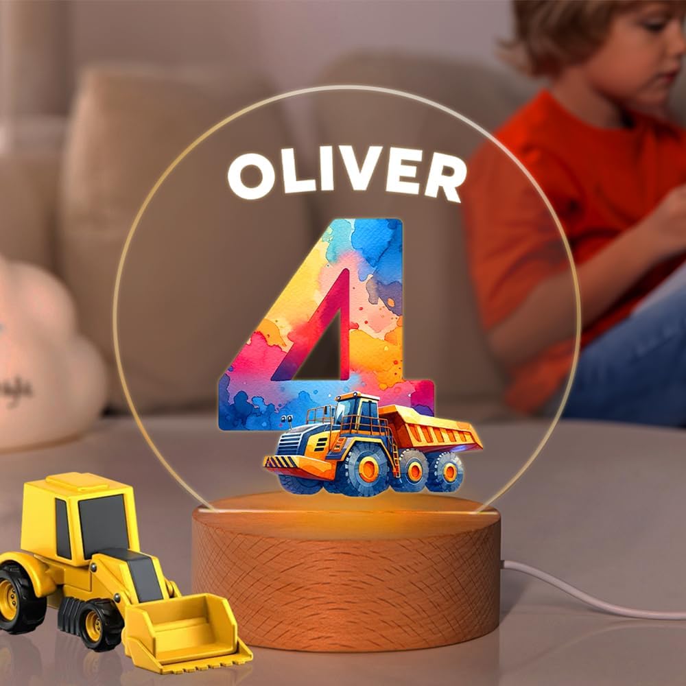 callie Acrylic Night Light Name Plate Personalized, Custom Cute Dinosaur Car with Wooden Base