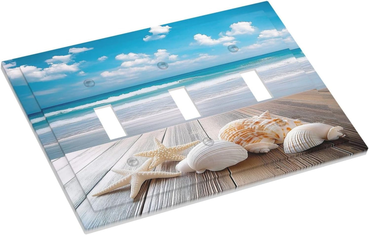 Decorative Switch Plates Beach Waves Brown Wood Starfish Shells 3 Gang Wall Plate Triple Toggle