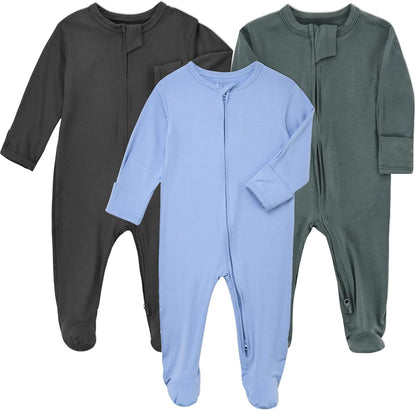 Aablexema Baby Zipper Pajamas Bamboo Rayon, 3pcs Unisex Infant Onesie with Mitten Long Sleeve