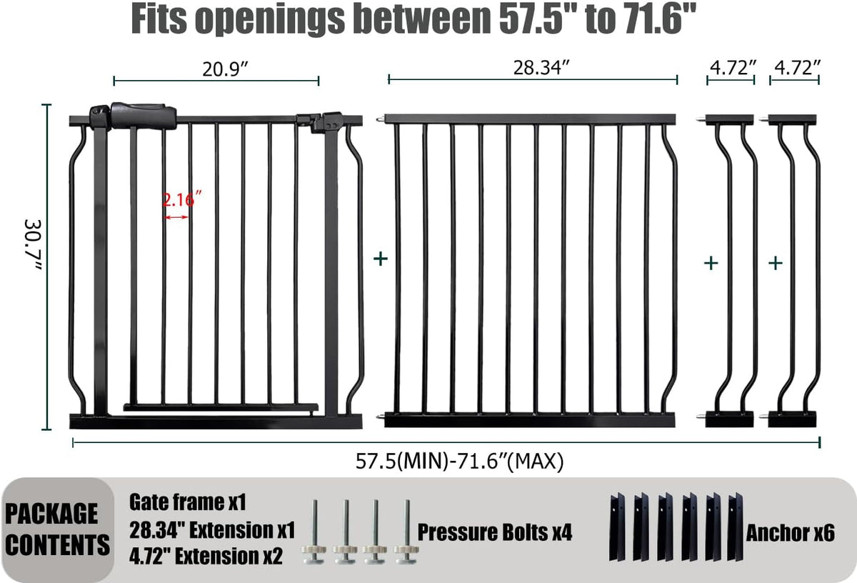 Extra Wide Baby Gate 67-71.6 Inch, Heavy Duty Safety Gate Indoor for Kids & Pets, Black Metal Dog