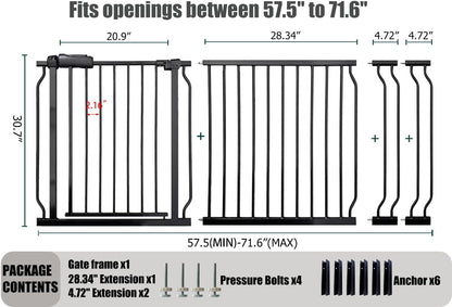 Extra Wide Baby Gate 67-71.6 Inch, Heavy Duty Safety Gate Indoor for Kids & Pets, Black Metal Dog