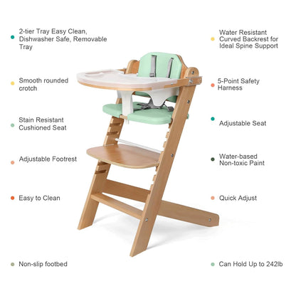 Cowiewie Natural Wooden High Chair for Babies & Toddlers 3-Tier Remove Adjustable Tray and