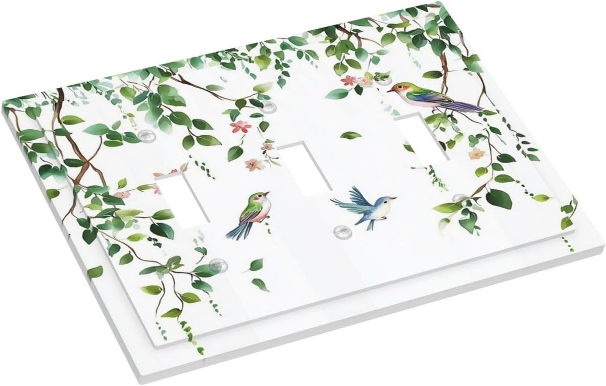 Decorative Switch Plates Green Leaves Bird Eucalyptus Sage Plant 3 Gang Wall Plate Triple Toggle