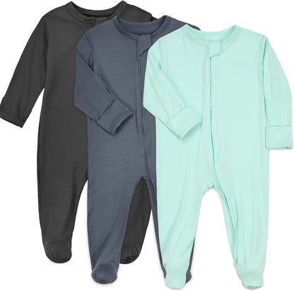 Aablexema Baby Zipper Pajamas Bamboo Rayon, 3pcs Unisex Infant Onesie with Mitten Long Sleeve