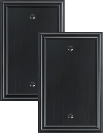 2-Pack Single Blank Wall Plates, Durable Solid Zinc Alloy Blank Outlet Covers, Decorative Black