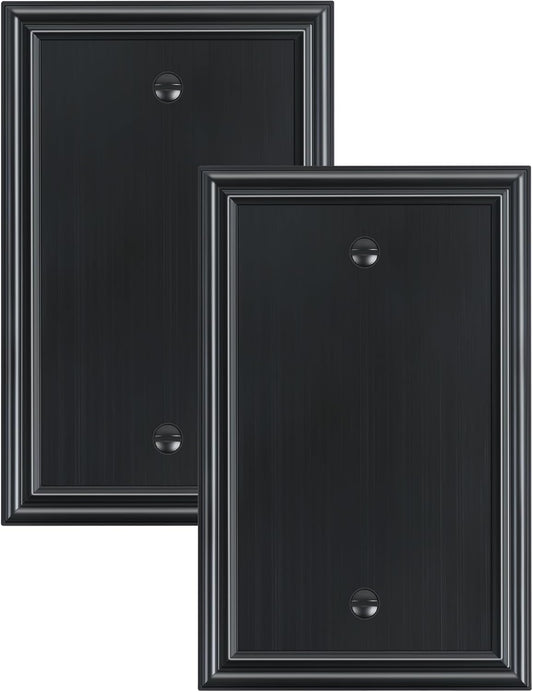 2-Pack Single Blank Wall Plates, Durable Solid Zinc Alloy Blank Outlet Covers, Decorative Black