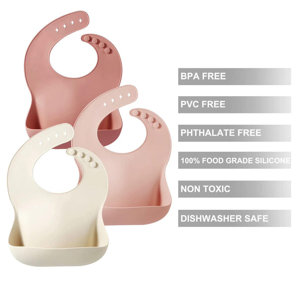 PandaEar Set of 3 Silicone Baby Bibs, Waterproof Soft Adjustable Bibs for Babies Toddlers 10-72
